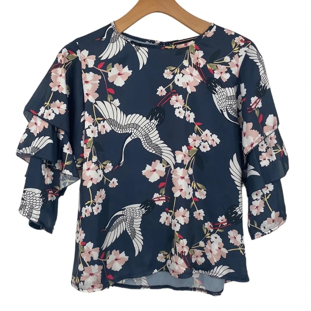 Almatrichi Blouse Womens Small Blue Pink Ruffle Flutter Layer Crane Bird Floral